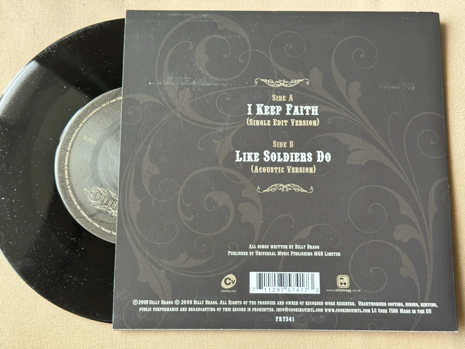 Billy Bragg – I Keep Faith: 2008 UK 7" limited folk rock single with acoustic B-