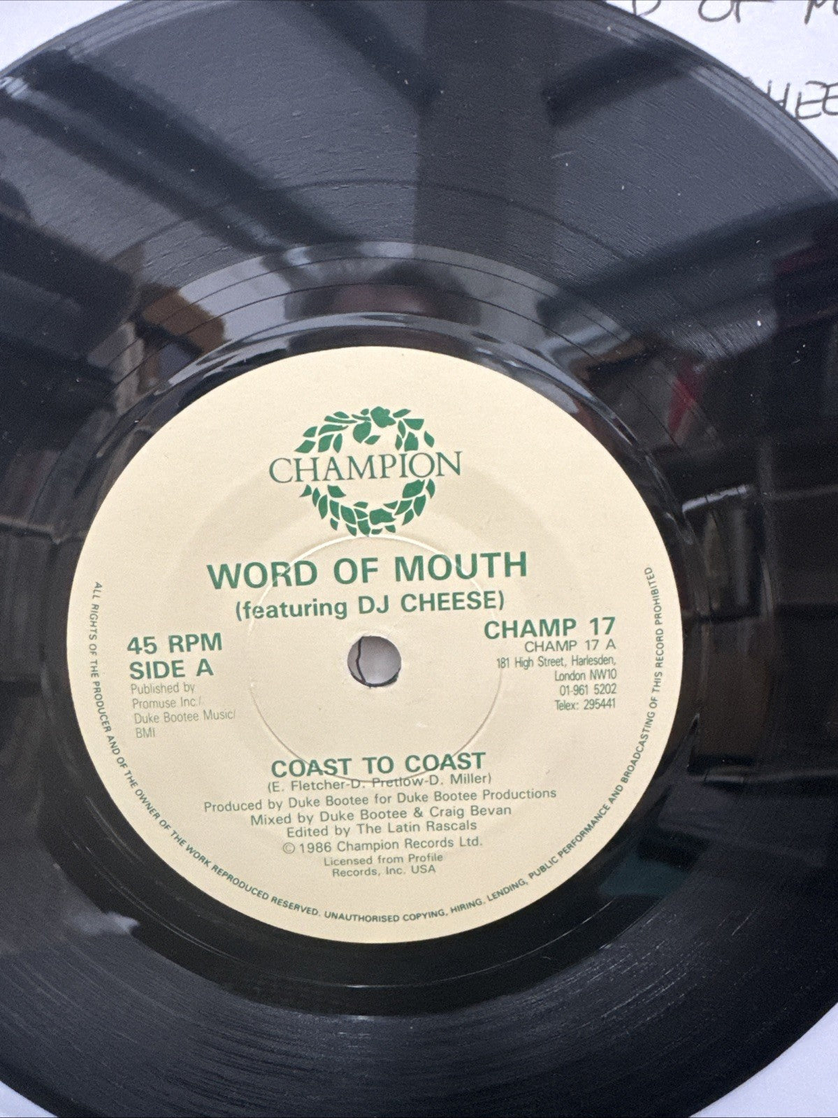 Word Of Mouth featuring DJ Cheese Coast To Coast 7" Vinyl Record - CHAMP 17