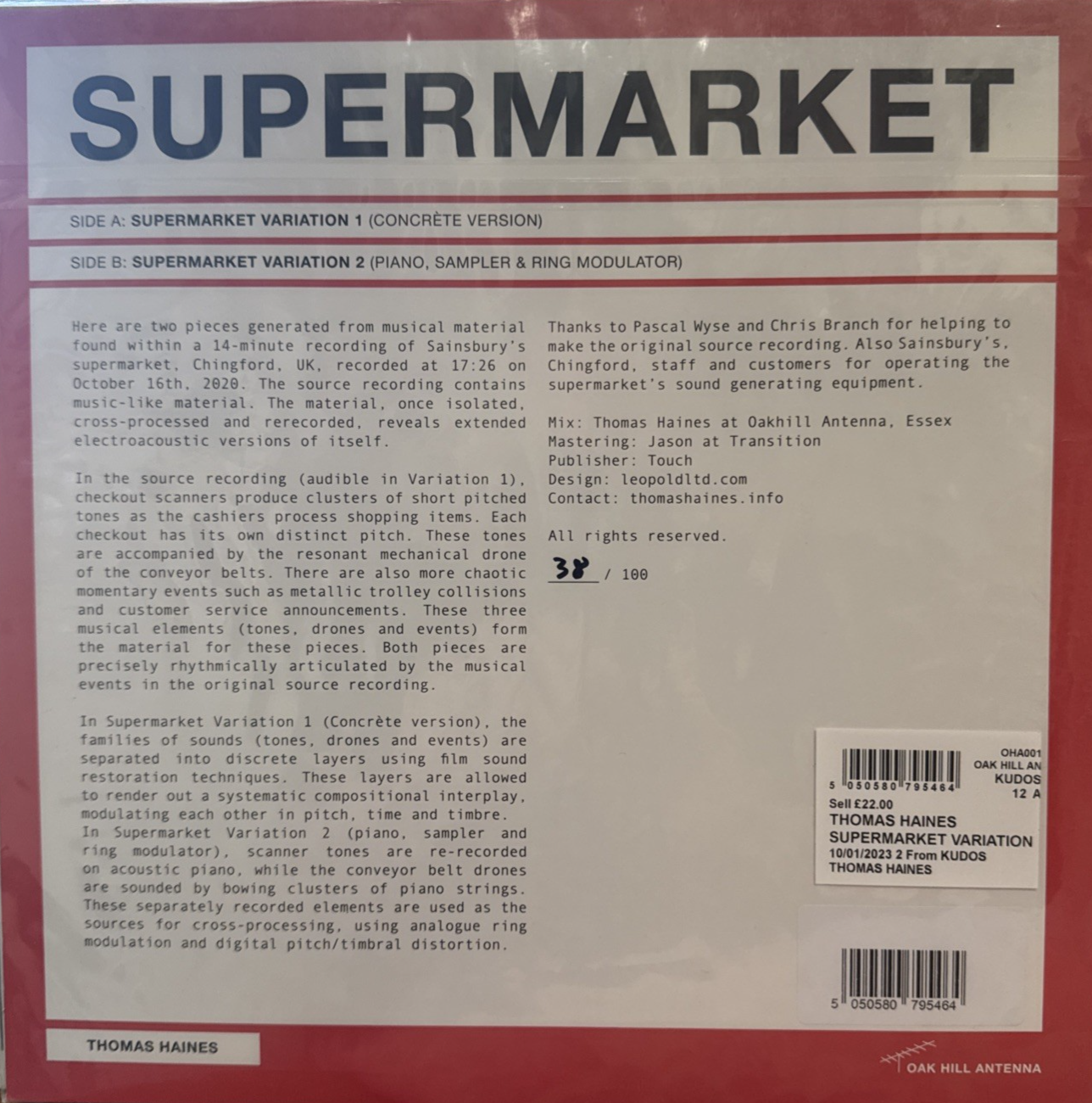 Thomas Haines  - Supermarket Variations 1 & 2 LP Vinyl OHA001 NEW