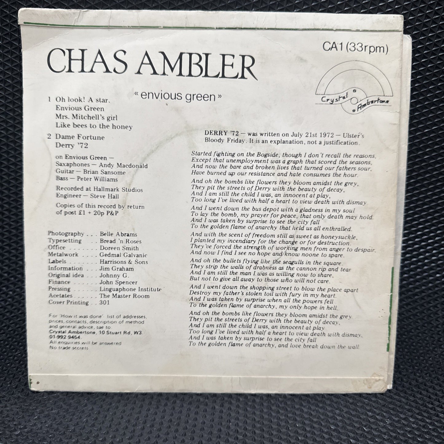 Chas Ambler - Envious Green 7" Ep Crystal Ambertone label 1978 Rare